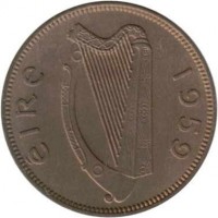 obverse of 1 Farthing (1939 - 1966) coin with KM# 9 from Ireland. Inscription: EIRE 1959