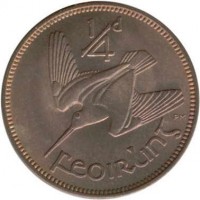 Ireland coin 1 Farthing (1939 - 1966) reverse reverse of 1 Farthing (1939 - 1966) coin with KM# 9 from Ireland. Inscription: 1/4d PM FEOIRLING