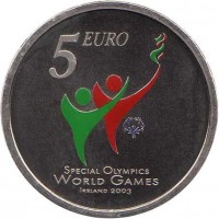 Ireland coin 5 Euro - 2003 Special Olympics Games (2003) reverse reverse of 5 Euro - 2003 Special Olympics Games (2003) coin with KM# 40 from Ireland. Inscription: 5 EURO SPECIAL OLYMPCS WORLD GAMES IRELAND 2003