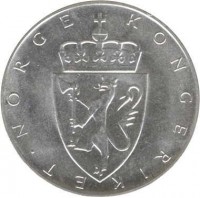 obverse of 10 Kroner - Olav V - Constitution sesquicentennial (1964) coin with KM# 413 from Norway. Inscription: NORGE KONGERIKET ·