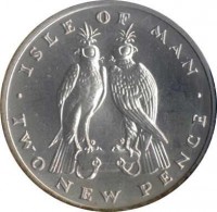Isle of Man coin 2 New Pence - Elizabeth II - 2'nd Portrait (1975) reverse reverse of 2 New Pence - Elizabeth II - 2'nd Portrait (1975) coin with KM# 21a from Isle of Man. Inscription: · ISLE OF MAN · TWO NEW PENCE