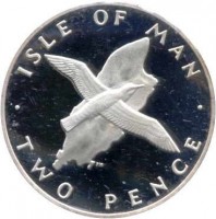 Isle of Man coin 2 Pence - Elizabeth II - 2'nd Portrait (1976 - 1979) reverse reverse of 2 Pence - Elizabeth II - 2'nd Portrait (1976 - 1979) coin with KM# 34a from Isle of Man. Inscription: ISLE OF MAN · TWO PENCE ·