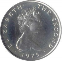 obverse of 5 New Pence - Elizabeth II - 2'nd Portrait (1975) coin with KM# 22a from Isle of Man. Inscription: ELIZABETH THE SECOND · 1975 ·