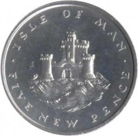 reverse of 5 New Pence - Elizabeth II - 2'nd Portrait (1975) coin with KM# 22a from Isle of Man. Inscription: ISLE OF MAN · FIVE NEW PENCE ·