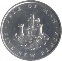 Isle of Man coin 5 New Pence - Elizabeth II - 2'nd Portrait (1975) reverse reverse of 5 New Pence - Elizabeth II - 2'nd Portrait (1975) coin with KM# 22a from Isle of Man. Inscription: ISLE OF MAN · FIVE NEW PENCE ·