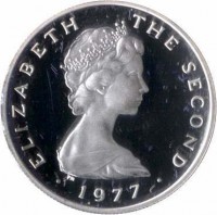 obverse of 5 Pence - Elizabeth II - 2'nd Portrait (1976 - 1979) coin with KM# 35.1a from Isle of Man. Inscription: ISLE OF MAN ELIZABETH II · 1977 ·