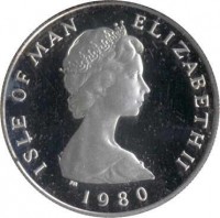 obverse of 5 Pence - Elizabeth II - 2'nd Portrait (1980) coin with KM# 61a from Isle of Man. Inscription: ISLE OF MAN ELIZABETH II · 1980 ·
