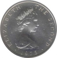 obverse of 10 New Pence - Elizabeth II - 2'nd Portrait (1975) coin with KM# 23a from Isle of Man. Inscription: ELIZABETH THE SECOND · 1975 ·
