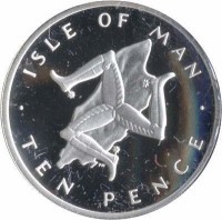 Isle of Man coin 10 Pence - Elizabeth II - 2'nd Portrait (1976 - 1979) reverse reverse of 10 Pence - Elizabeth II - 2'nd Portrait (1976 - 1979) coin with KM# 36.1a from Isle of Man. Inscription: ISLE OF MAN · TEN PENCE ·