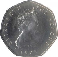 obverse of 50 New Pence - Elizabeth II - 2'nd Portrait (1975) coin with KM# 24a from Isle of Man. Inscription: ELIZABETH THE SECOND · 1975 ·