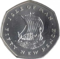 reverse of 50 New Pence - Elizabeth II - 2'nd Portrait (1975) coin with KM# 24a from Isle of Man. Inscription: ISLE OF MAN · FIFTY NEW PENCE ·