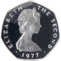 obverse of 50 Pence - Elizabeth II - 2'nd Portrait (1976 - 1979) coin with KM# 39a from Isle of Man. Inscription: ELIZABETH THE SECOND · 1977 ·