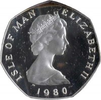 obverse of 50 Pence - Elizabeth II - 2'nd Portrait (1980 - 1982) coin with KM# 70a from Isle of Man. Inscription: ISLE OF MAN ELIZABETH II · 1980 ·