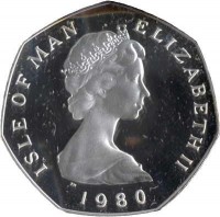 Isle of Man coin 50 Pence - Elizabeth II - 2'nd Portrait (1980 - 1982) obverse obverse of 50 Pence - Elizabeth II - 2'nd Portrait (1980 - 1982) coin with KM# 70a from Isle of Man. Inscription: ISLE OF MAN ELIZABETH II · 1980 ·