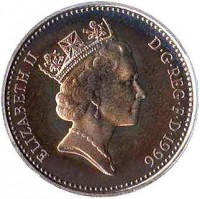 obverse of 1 Penny - Elizabeth II - 25th Anniversary of Decimal Currency - 3'rd Portrait (1996) coin with KM# 935b from United Kingdom. Inscription: ELIZABETH II D · G · REG · F · D · 1996 RDM