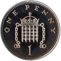 reverse of 1 Penny - Elizabeth II - 25th Anniversary of Decimal Currency - 3'rd Portrait (1996) coin with KM# 935b from United Kingdom. Inscription: ONE PENNY 1