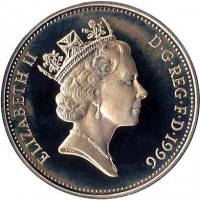 obverse of 2 Pence - Elizabeth II - 25th Anniversary of Decimal Currency - 3'rd Portrait (1996) coin with KM# 936b from United Kingdom. Inscription: ELIZABETH II D · G · REG · F · D · 1996 RDM