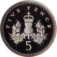 United Kingdom coin 5 Pence - Elizabeth II - 25th Anniversary of Decimal Currency - 3'rd Portrait (1990 - 1996) reverse reverse of 5 Pence - Elizabeth II - 25th Anniversary of Decimal Currency - 3'rd Portrait (1990 - 1996) coin with KM# 937c from United Kingdom. Inscription: FIVE PENCE 5