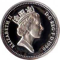 obverse of 1 Pound - Elizabeth II - 25th Anniversary of Decimal Currency - 3'rd Portrait (1996) coin with KM# 972a from United Kingdom. Inscription: ELIZABETH II D · G · REG · F · D · 1996 RDM