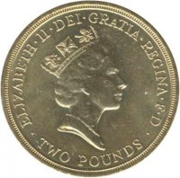 United Kingdom coin 2 Pounds - Elizabeth II - Tercentenary to Bill of Rights - 3'rd Portrait (1989) obverse obverse of 2 Pounds - Elizabeth II - Tercentenary to Bill of Rights - 3'rd Portrait (1989) coin with KM# 960 from United Kingdom. Inscription: ELIZABETH · II · DEI · GRATIA · REGINA · F · D RDM · TWO POUNDS ·
