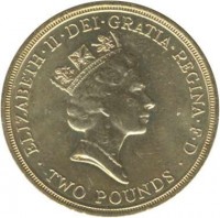 obverse of 2 Pounds - Elizabeth II - Tercentenary to Bill of Rights - 3'rd Portrait (1989) coin with KM# 960 from United Kingdom. Inscription: ELIZABETH · II · DEI · GRATIA · REGINA · F · D RDM · TWO POUNDS ·