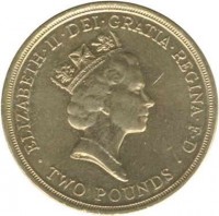 United Kingdom coin 2 Pounds - Elizabeth II - End of Worl War II: Dove - 3'rd Portrait (1995) obverse obverse of 2 Pounds - Elizabeth II - End of Worl War II: Dove - 3'rd Portrait (1995) coin with KM# 970 from United Kingdom. Inscription: ELIZABETH · II · DEI · GRATIA · REGINA · F · D RDM · TWO POUNDS ·