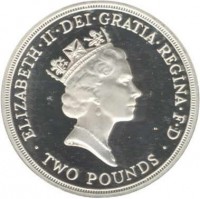 United Kingdom coin 2 Pounds - Elizabeth II - End of World War II: Dove - 3'rd Portrait (1995) obverse obverse of 2 Pounds - Elizabeth II - End of World War II: Dove - 3'rd Portrait (1995) coin with KM# 970a from United Kingdom. Inscription: ELIZABETH · II · DEI · GRATIA · REGINA · F · D RDM · TWO POUNDS ·