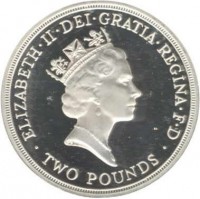 obverse of 2 Pounds - Elizabeth II - End of World War II: Dove - 3'rd Portrait (1995) coin with KM# 970a from United Kingdom. Inscription: ELIZABETH · II · DEI · GRATIA · REGINA · F · D RDM · TWO POUNDS ·