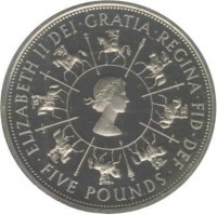 obverse of 5 Pounds - Elizabeth II - 40th Anniversary of Reign - 1'st Portrait (1993) coin with KM# 965 from United Kingdom. Inscription: ELIZABETH II DEI · GRATIA REGINA · FID · DEF · FIVE POUNDS ·