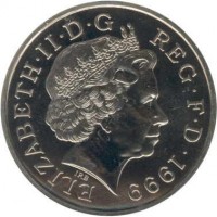 obverse of 5 Pounds - Elizabeth II - Millennium - 4'th Portrait (1999 - 2000) coin with KM# 1006 from United Kingdom. Inscription: ELIZABETH · II · D · G REG · F · D · 1999 IRB