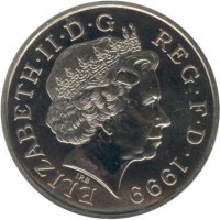 United Kingdom coin 5 Pounds - Elizabeth II - Millennium - 4'th Portrait (1999 - 2000) obverse obverse of 5 Pounds - Elizabeth II - Millennium - 4'th Portrait (1999 - 2000) coin with KM# 1006 from United Kingdom. Inscription: ELIZABETH · II · D · G REG · F · D · 1999 IRB