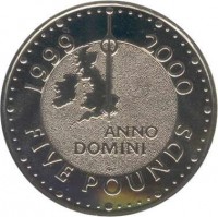 reverse of 5 Pounds - Elizabeth II - Millennium - 4'th Portrait (1999 - 2000) coin with KM# 1006 from United Kingdom. Inscription: 1999 2000 ANNO DOMINI FIVE POUNDS