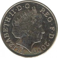 obverse of 5 Pounds - Elizabeth II - 100th Birthday of Queen Mother - 4'th Portrait (2000) coin with KM# 1007 from United Kingdom. Inscription: ELIZABETH · II · D · G REG · F · D · 2000 IRB