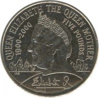 reverse of 5 Pounds - Elizabeth II - 100th Birthday of Queen Mother - 4'th Portrait (2000) coin with KM# 1007 from United Kingdom. Inscription: QUEEN ELIZABETH THE QUEEN MOTHER 1900-2000 FIVE POUNDS IRB Elizabeth R