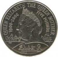 United Kingdom coin 5 Pounds - Elizabeth II - 100th Birthday of Queen Mother - 4'th Portrait (2000) reverse reverse of 5 Pounds - Elizabeth II - 100th Birthday of Queen Mother - 4'th Portrait (2000) coin with KM# 1007 from United Kingdom. Inscription: QUEEN ELIZABETH THE QUEEN MOTHER 1900-2000 FIVE POUNDS IRB Elizabeth R