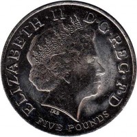 obverse of 5 Pounds - Elizabeth II - Prince Charles' 60th Birthday - 4'th Portrait (2008) coin with KM# 1103 from United Kingdom. Inscription: ELIZABETH · II D · G REG · F · D IRB FIVE POUNDS