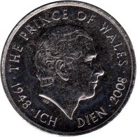 United Kingdom coin 5 Pounds - Elizabeth II - Prince Charles' 60th Birthday - 4'th Portrait (2008) reverse reverse of 5 Pounds - Elizabeth II - Prince Charles' 60th Birthday - 4'th Portrait (2008) coin with KM# 1103 from United Kingdom. Inscription: · THE PRINCE OF WALES · IRB 1948 · ICH DIEN · 2008