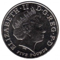 obverse of 5 Pounds - Elizabeth II - 450th Anniversary of the Accession of Queen Elizabeth I - 4'th Portrait (2008) coin with KM# 1104 from United Kingdom. Inscription: ELIZABETH · II D · G REG · F · D IRB FIVE POUNDS