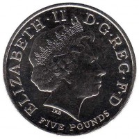 United Kingdom coin 5 Pounds - Elizabeth II - 450th Anniversary of the Accession of Queen Elizabeth I - 4'th Portrait (2008) obverse obverse of 5 Pounds - Elizabeth II - 450th Anniversary of the Accession of Queen Elizabeth I - 4'th Portrait (2008) coin with KM# 1104 from United Kingdom. Inscription: ELIZABETH · II D · G REG · F · D IRB FIVE POUNDS