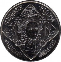 United Kingdom coin 5 Pounds - Elizabeth II - 450th Anniversary of the Accession of Queen Elizabeth I - 4'th Portrait (2008) reverse reverse of 5 Pounds - Elizabeth II - 450th Anniversary of the Accession of Queen Elizabeth I - 4'th Portrait (2008) coin with KM# 1104 from United Kingdom. Inscription: ELIZABETH REGINA MDLVIII MMVIII