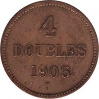 reverse of 4 Doubles - Edward VII / George V (1902 - 1911) coin with KM# 5 from Guernsey. Inscription: 4 DOUBLES 1903