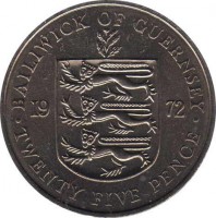 obverse of 25 Pence - Elizabeth II - 25th Wedding Anniversary of queen Elizabeth II and Philip (1972) coin with KM# 26 from Guernsey. Inscription: BAILIWICK OF GUERNSEY 19 72 · TWENTY FIVE PENCE ·
