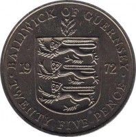 Guernsey coin 25 Pence - Elizabeth II - 25th Wedding Anniversary of queen Elizabeth II and Philip (1972) obverse obverse of 25 Pence - Elizabeth II - 25th Wedding Anniversary of queen Elizabeth II and Philip (1972) coin with KM# 26 from Guernsey. Inscription: BAILIWICK OF GUERNSEY 19 72 · TWENTY FIVE PENCE ·