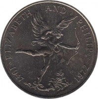 Guernsey coin 25 Pence - Elizabeth II - 25th Wedding Anniversary of queen Elizabeth II and Philip (1972) reverse reverse of 25 Pence - Elizabeth II - 25th Wedding Anniversary of queen Elizabeth II and Philip (1972) coin with KM# 26 from Guernsey. Inscription: ELIZABETH AND PHILIP 1947 1972