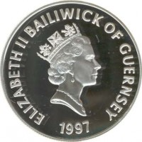 obverse of 5 Pounds - Elizabeth II - Queen's Golden Wedding Anniversary (1997) coin with KM# 71a from Guernsey. Inscription: ELIZABETH II BAILIWICK OF GUERNSEY 1997