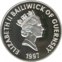 Guernsey coin 5 Pounds - Elizabeth II - Queen's Golden Wedding Anniversary (1997) obverse obverse of 5 Pounds - Elizabeth II - Queen's Golden Wedding Anniversary (1997) coin with KM# 71a from Guernsey. Inscription: ELIZABETH II BAILIWICK OF GUERNSEY 1997