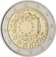 Austria coin 2 Euro - 30th Anniversary to European Union flag (2015) obverse obverse of 2 Euro - 30th Anniversary to European Union flag (2015) coin with KM# 3247 from Austria. Inscription: REPUBLIK ÖSTERREICH 1985-2015