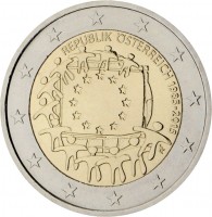 obverse of 2 Euro - 30th Anniversary to European Union flag (2015) coin with KM# 3247 from Austria. Inscription: REPUBLIK ÖSTERREICH 1985-2015