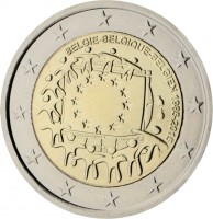 obverse of 2 Euro - Philippe - 30th Anniversary to European Union flag (2015) coin from Belgium. Inscription: BELGIE-BELGIQUE-BELGIEN 1985-2015