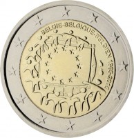 Belgium coin 2 Euro - Philippe - 30th Anniversary to European Union flag (2015) obverse obverse of 2 Euro - Philippe - 30th Anniversary to European Union flag (2015) coin from Belgium. Inscription: BELGIE-BELGIQUE-BELGIEN 1985-2015